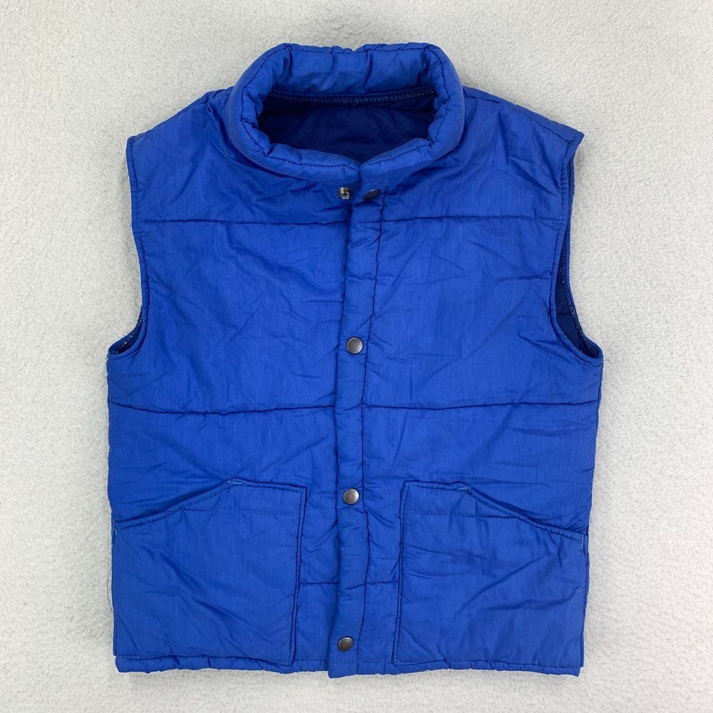 Vintage 80s Puffer Vest Jacket Youth Medium Blue Snap Front Mountain Trail USA